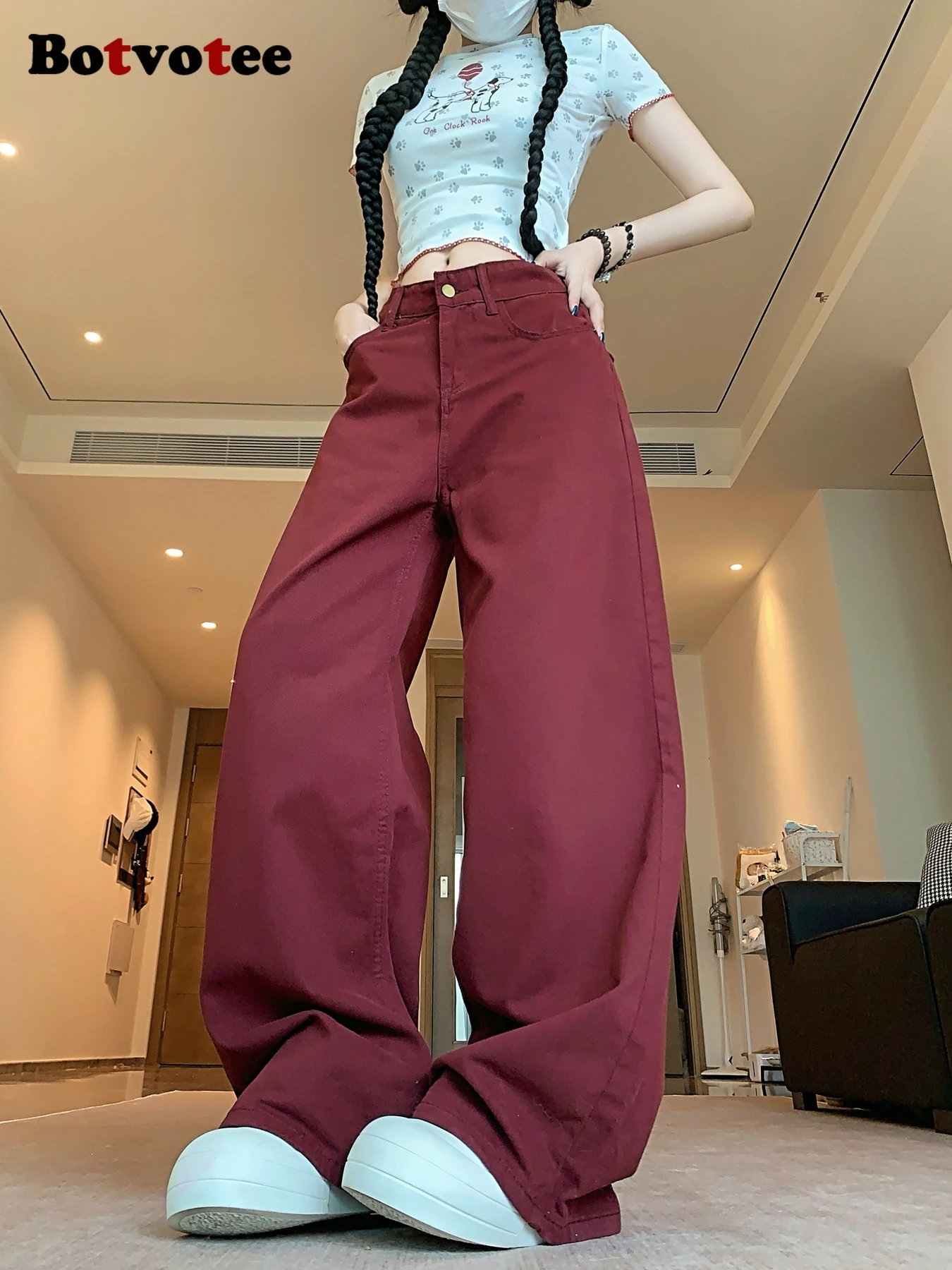 

Botvotee Мешковатые бордовые джинсы для женщин Ретро Американские модные джинсовые брюки с высокой талией Y2k Свободные широкие джинсы в стиле хип-хоп