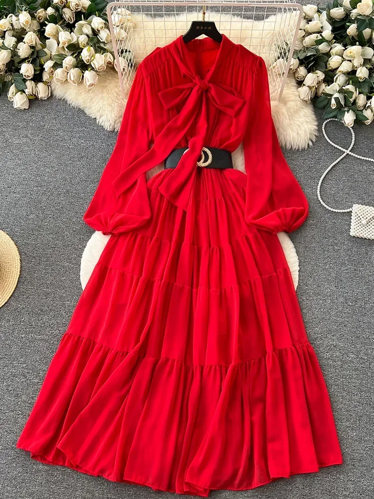 Women Autumn Dress French Vintage Leisure Time Bowtie Lace Up Lantern Long Sleeve Waist Wrapped Chiffon Slim Style Dress D4346