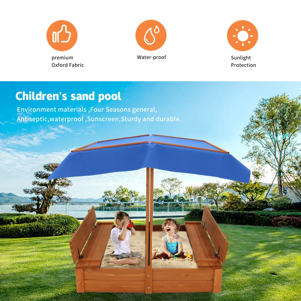 Wood Sandbox with Cover, Sand Box with 2 Bench Seats for Aged 3-8 Years Old, Sand Boxes for Backyard Garden, Sand Pit for Beach