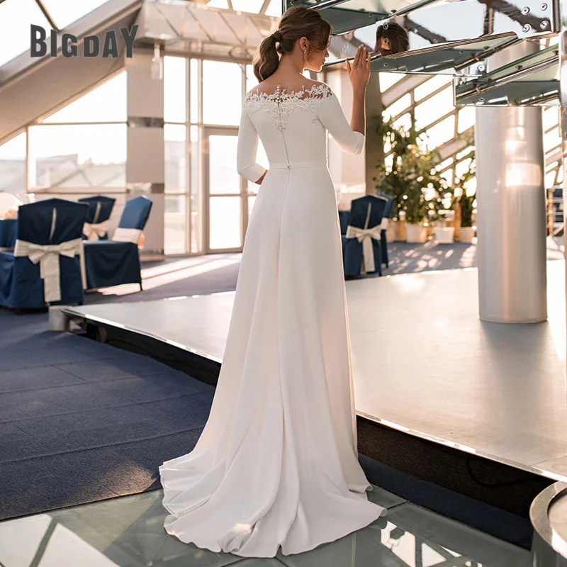 Elegant A-Line Wedding Dress Women 3/4 Long Sleeve Lace Zipper Back Boat Neck Applique Bridal Gown Vestidos De Noiva Customized