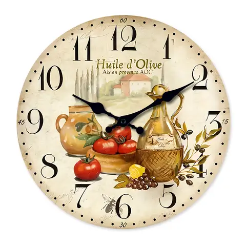 Retro Provence Olive Oil and Tomato Pattern Wooden Wall Clock Living Room Bedroom Kitchen Home Decoration Wall Clock Silent Quartz Clock Holiday Gift 10 Inches 12 Inches 14 Inches 16inch (Without Batteries)