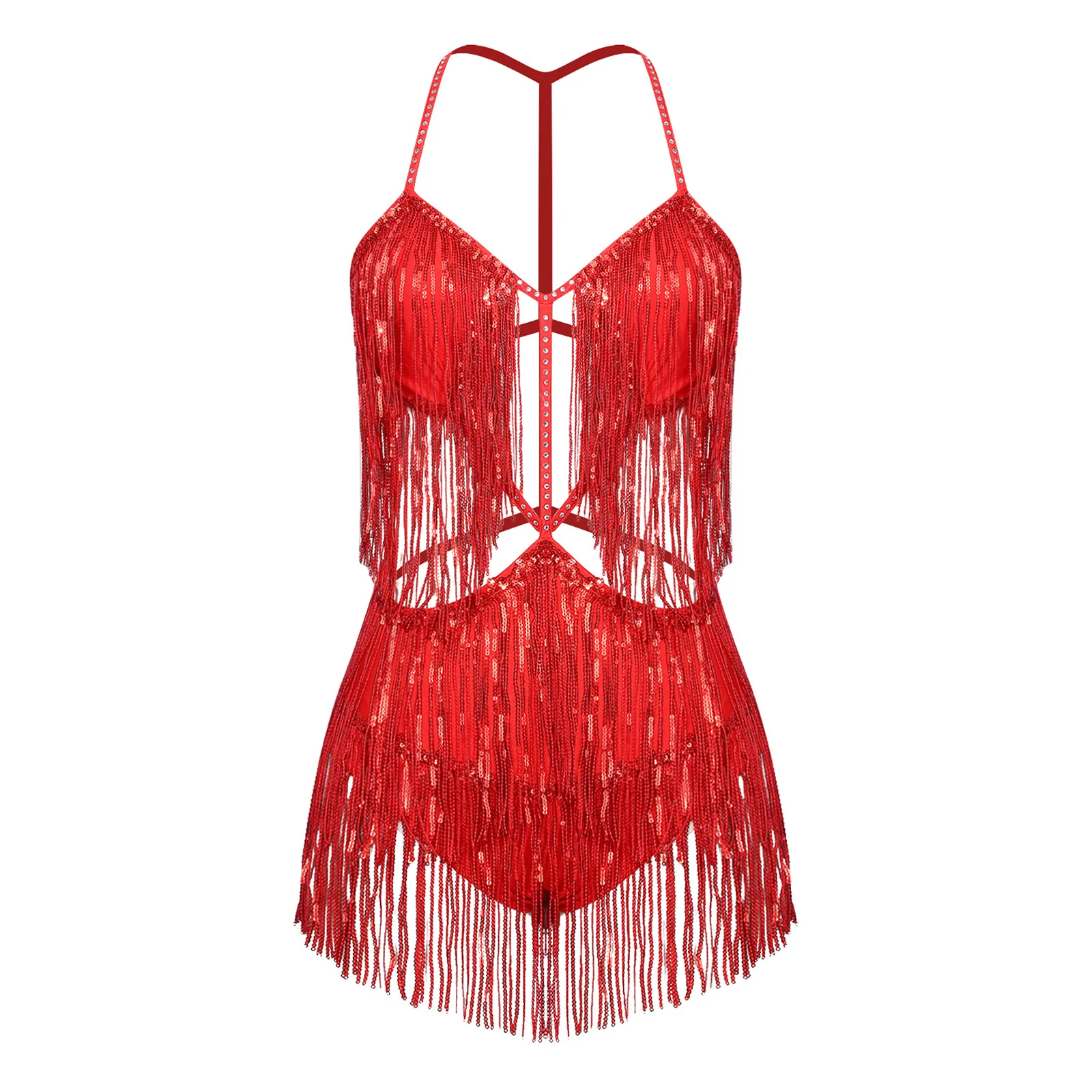 

Women Tassels Latin Dance Leotard Dress Belly Dance Costume Fringed Bodysuit Shiny Sequin Backless Cha-cha Tango Salsa Jumpsuit