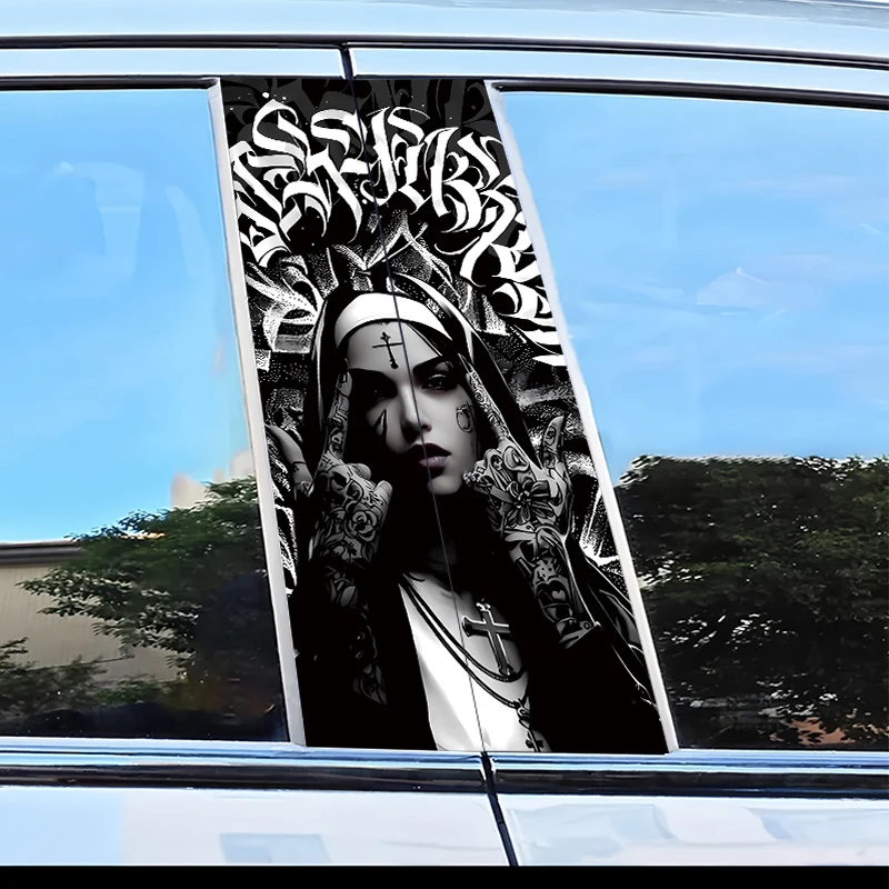 2pcs car B-pillar stickers Tattooed Nun Scratch resistant personalized stickers view 3