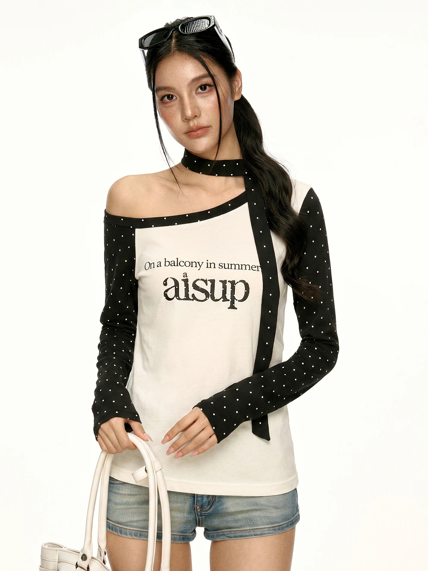 Aaisup Korean Style Long Sleeve T-Shirt Women's Black White Polka Dot Splicing Letter Print Base Shirt Casual Slim Fit round ...
