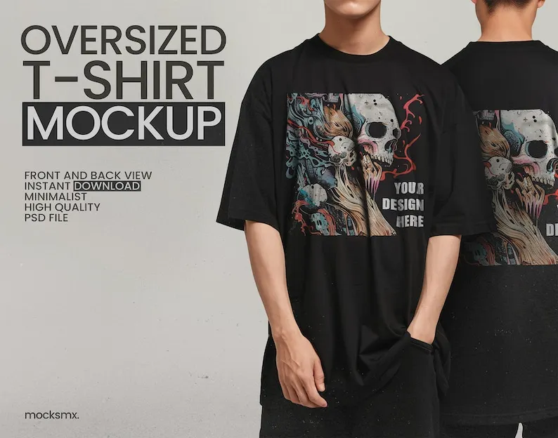 

oversized black t-shirt mockup in front and back view PSD file + smart object + transparent background