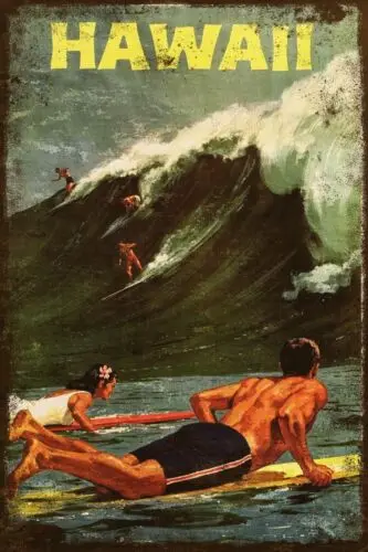 Hawaii Surfing Travel Advert, Vintage, Aged Look printed on a New Metal Sign