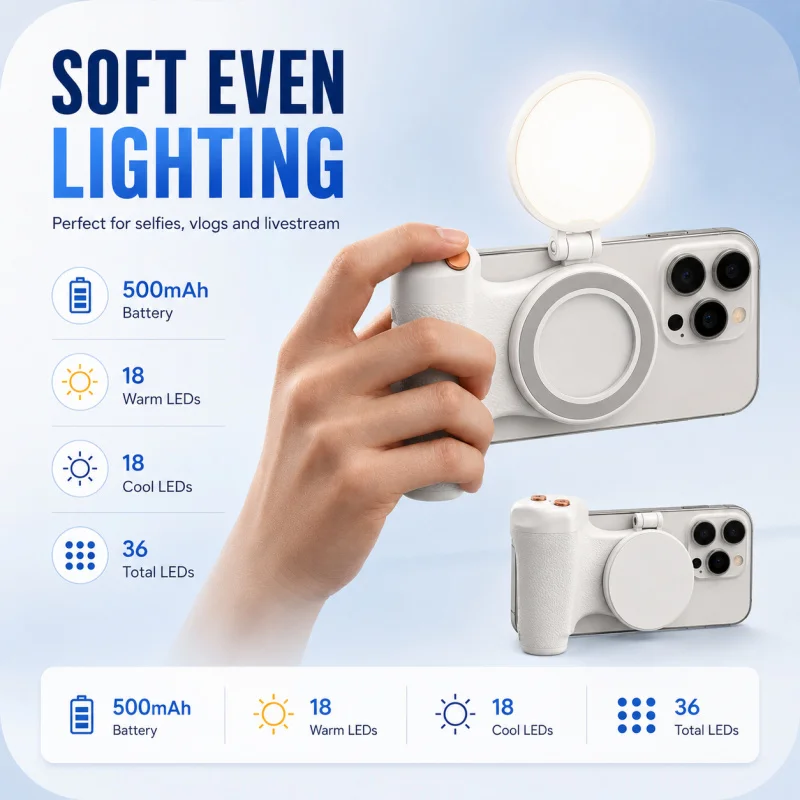 KM06 Magnetic Smartphone Camera Grip, Handheld Anti-Shake Phone Stabilizer with Bluetooth Remote and Zoom Control for Photograph view 3
