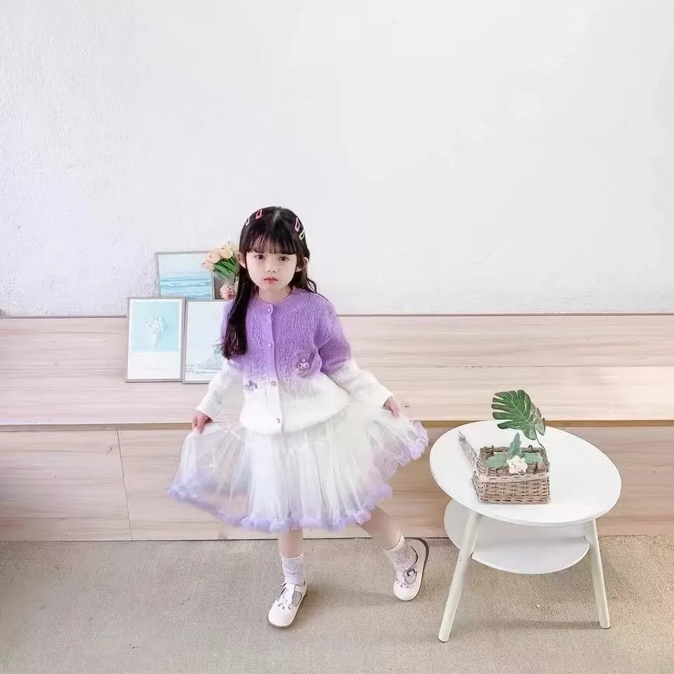 

Sanrio Kuromi Girls Cardigan Set Spring Autumn My Melody Cartoon Sweater Coat Tutu Skirt Kids Puffy Skirt Sweet Dress Suit 3-8Y