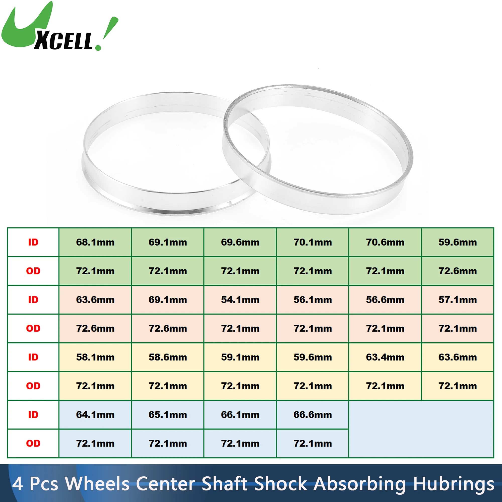 UXCELL 4pcs Car Wheel Hub Centric Rings OD 72.1mm 72.6mm to ID 54.1/58.6/59.6/63.6/70.6mm Wheels Center Shaft Shock Hubrings