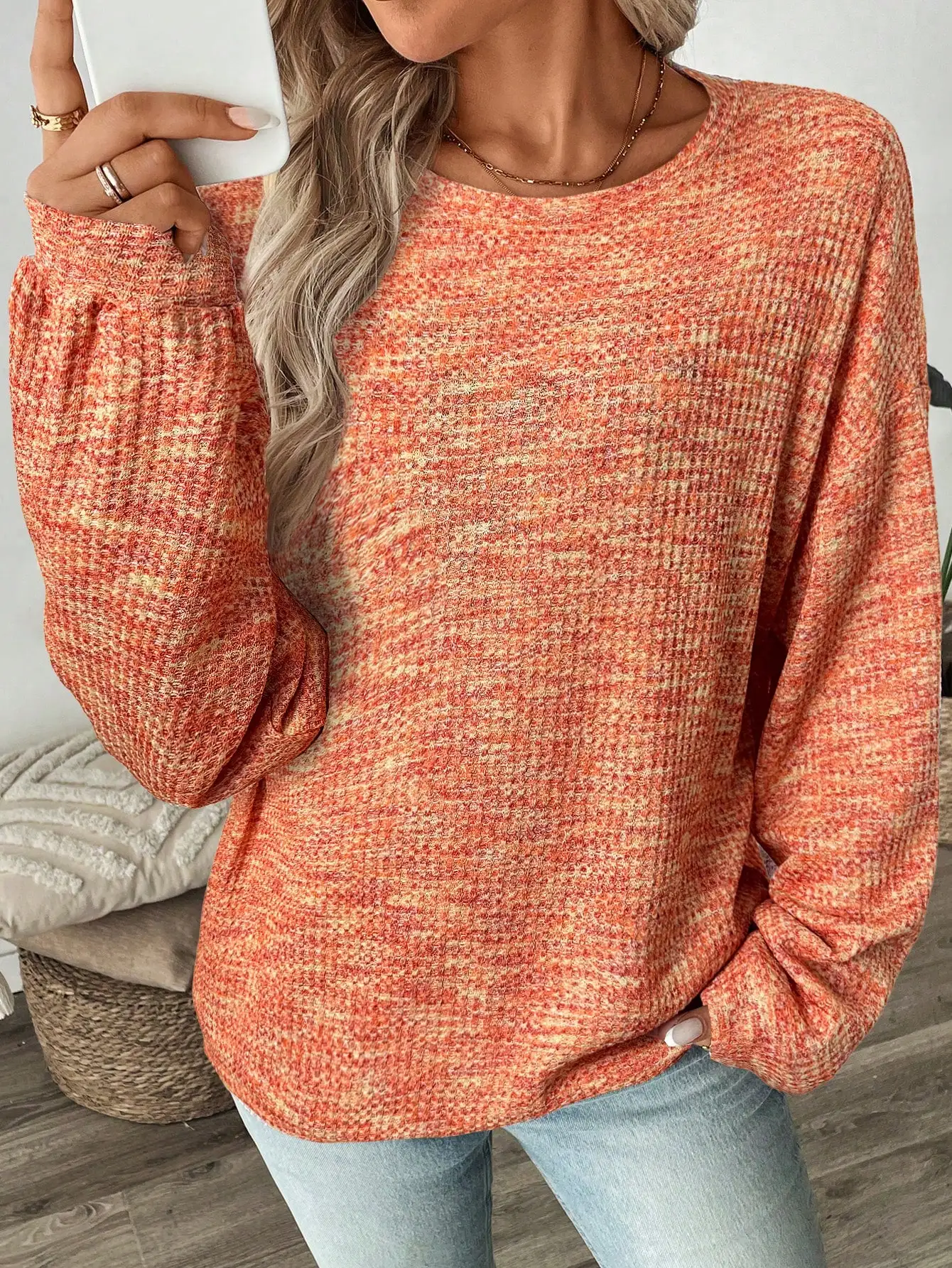 LUNE Women's Loose Drop Shoulder Textured Orange Long Sleeve Sweatshirt, Autumn Casual Knit Top