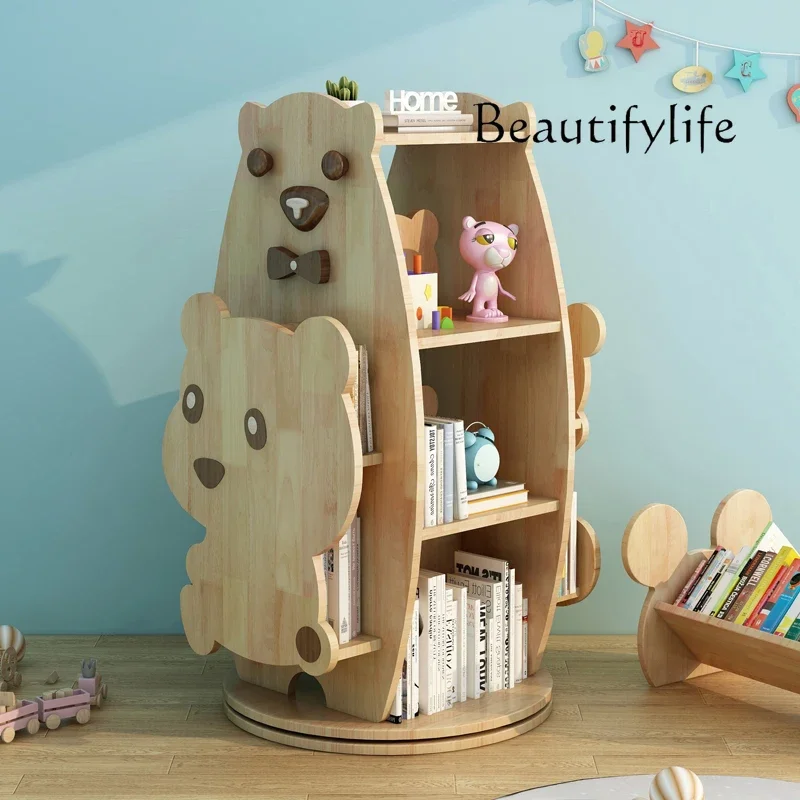 Solid wood rotating bookshelf Floor-to-ceiling 360-degree children's picture book rack Toy storage Oak shelf