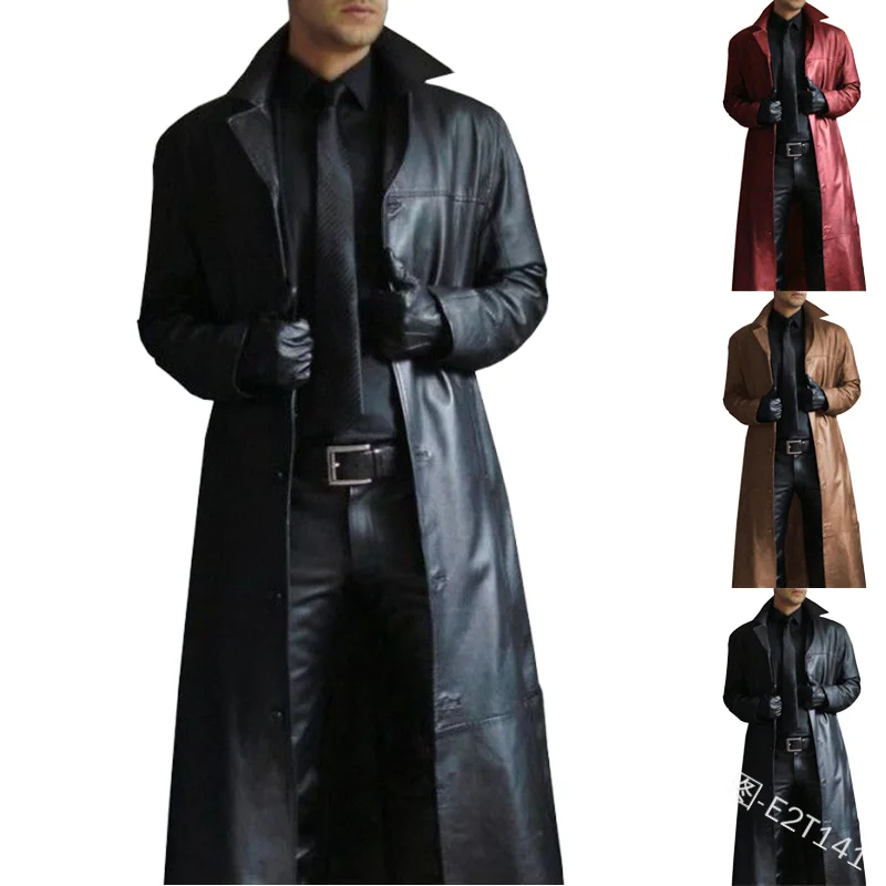 

2022 Men's Long Gothic Moto Biker Windbreaker PU Leather Trench Coat Jacket Black Casual Punk Outwear Zipper Plain Dyed Canvas