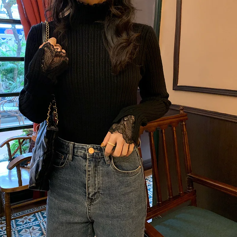 Pullovers Women Sweater 2025 Casual lace-trimmed Autumn Paired semi-high-neck Elegant long-sleeved Knitted Top women's Clothing
