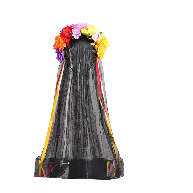 새로운 할로윈 파티 리본 헤어밴드 시뮬레이션 꽃 장미 블랙 롱 메쉬 리본 여성용