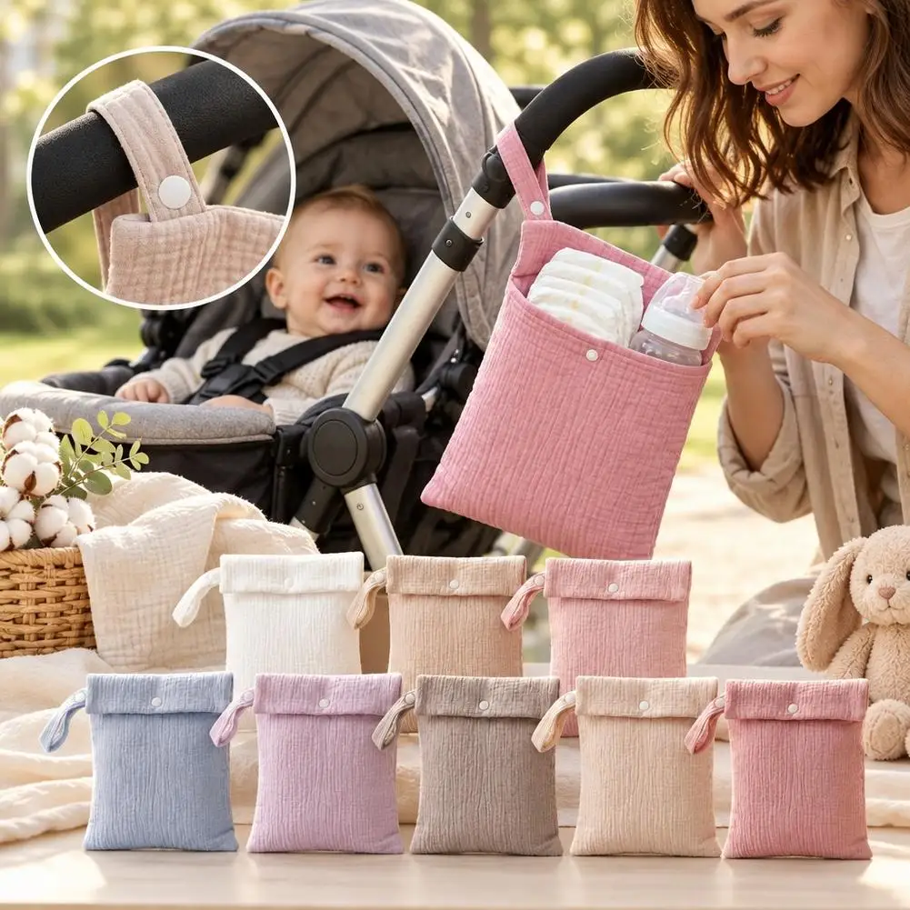 100% Cotton Baby Diaper Storage Bag Portable Stroller Hanging Pouch Snap Button Mommy Bag for Nappies Bottle Wipes Pacifier
