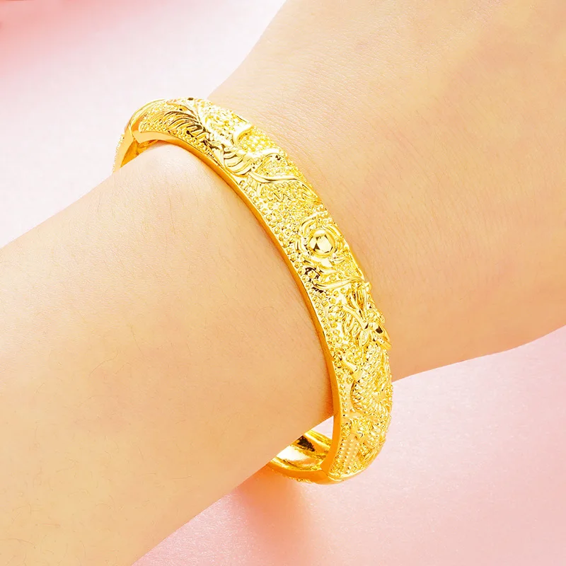 Dragon Phoenix Wedding Buckle Bracelet Women's 24K Gold AU999 - Auspicious pure gold bracelet, must-have for weddings
