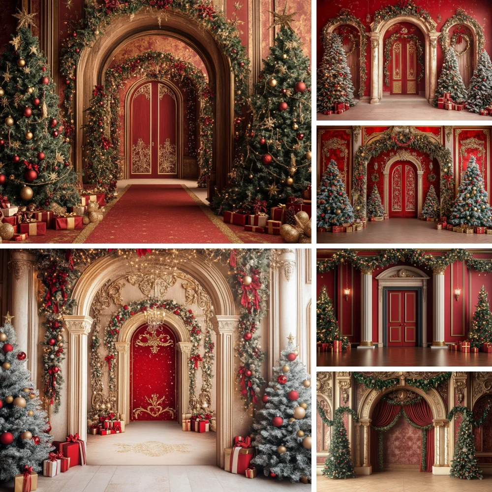 

Red Christmas Palace Background Photography Xmas Door Window Gift Glitter Gold Backdrop Winter Room Kids Family Photo Studio