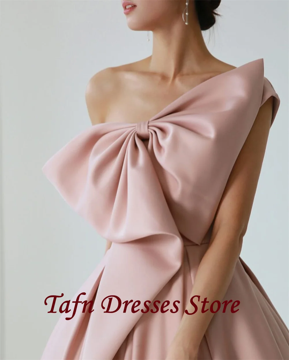 TAFN One-Shoulder Elegant Reception Dresses 피로연드레스 Big Bow A-line Draped Pink Wedding Shooting Dresses Simple Satin Party Gown