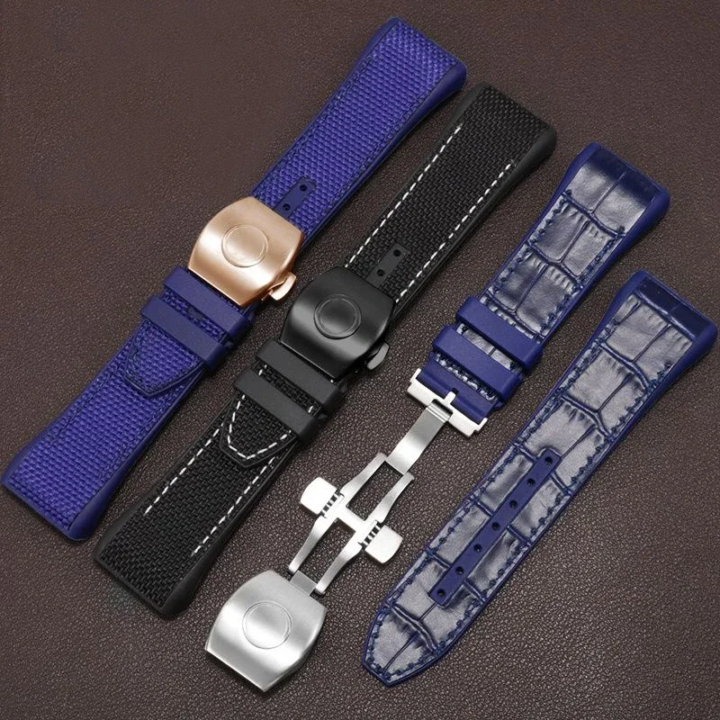 28mm Top Quality Nylon Cowhide Silicone Black and Blue Watchbands For Franck Muller V45 Series Watch Folding Buckle Watch Straps