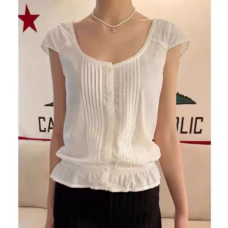 

Lace Trim O-neck Chic Retro Summer T-shirts 2024 Elastic Waist Button Solid White Short Sleeve Tees Sweet Fashion Tshirt Top Y2K