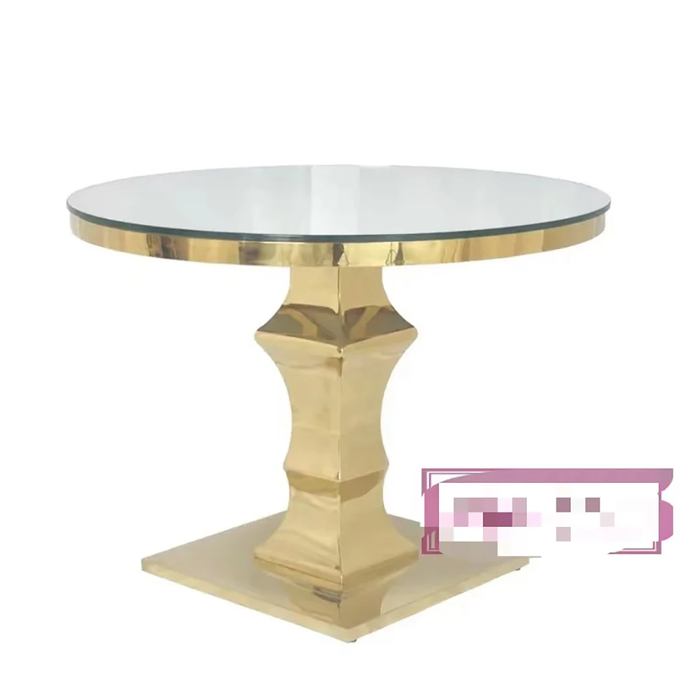 

High Qulality gold stainless steel frame glass top round tables dining cake table for wedding events