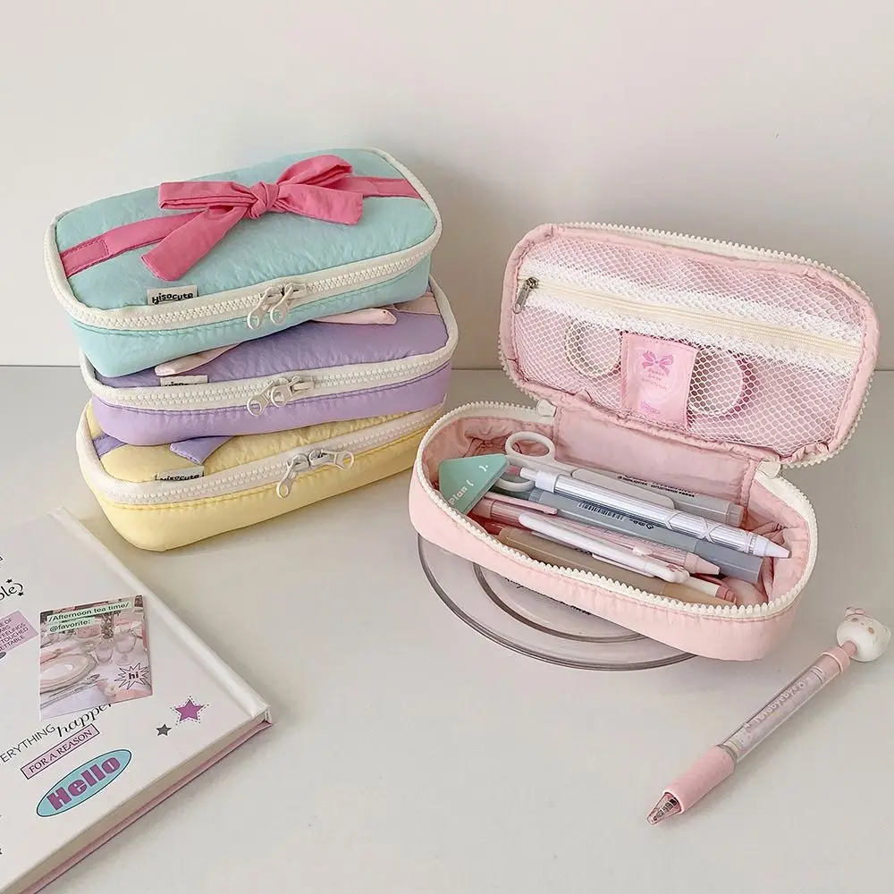 Multifunctional Bowknot Pencil Case Large Capacity Soft Stationery Storage Bag Candy Colored Storage Bag Student