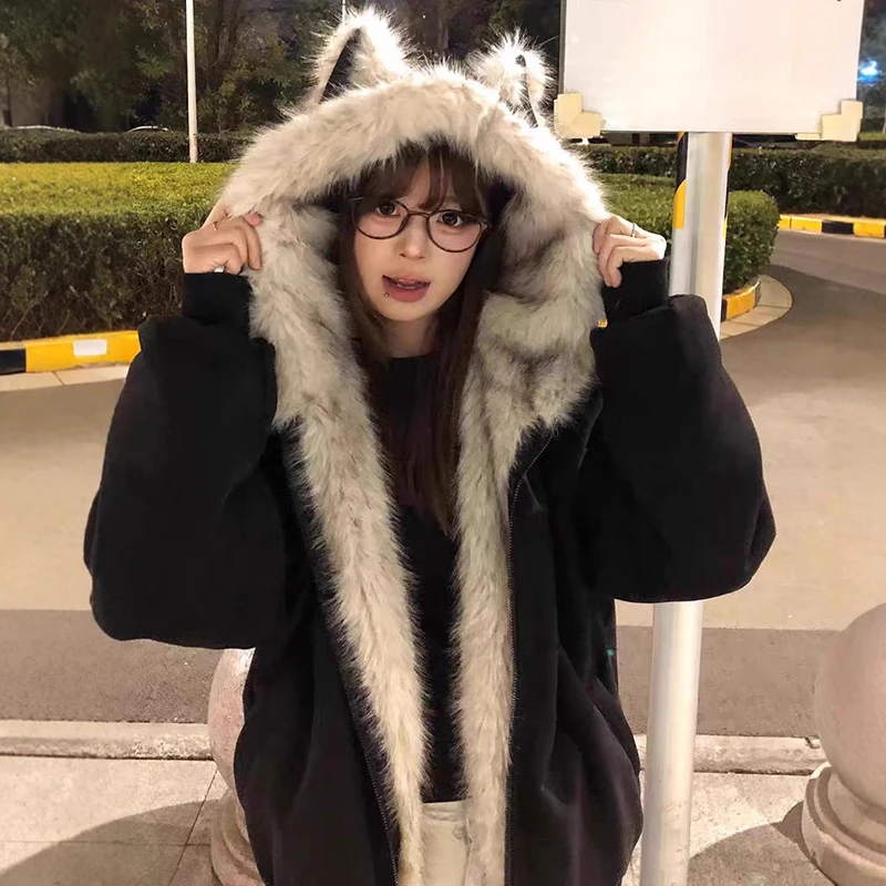 Harajuku Faux Fur Cat Ears Cotton Padded Jackets Women Loose Long Sleeve Y2K Fluffy Furry Outerwear Woman Winter Thicken Parkas