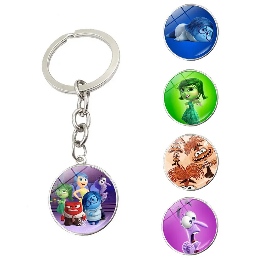 Disney-Inside Out Round Keychain, personagens animados, alegria, fofo, raiva, medo, vidro, chaveiro de carro, presente do dia, 12