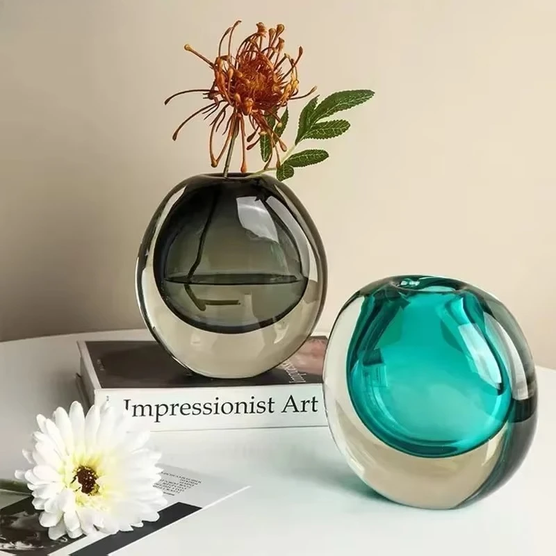 Creative Two-tone Glass Vase, Modern Desktop Flower Container for Floral Arrangement, Artificial Flower Home Table Decor