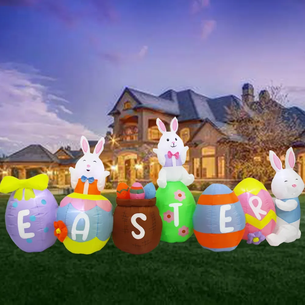 

10FT Inflatable Easter Decorations Outdoor Garden Family LED Lights Built-in Easter Eggs And Bunnies