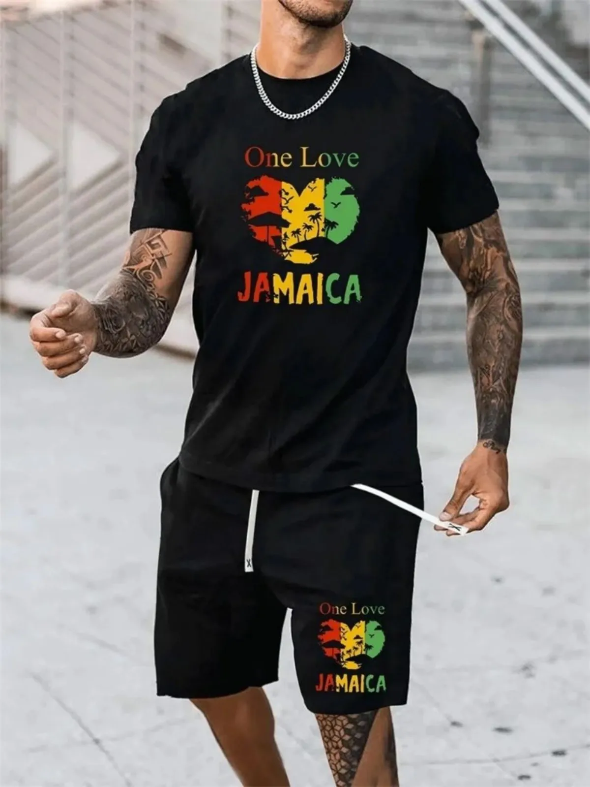 

New 2025 Men's Breathable Casual Round Neck T-shirt Shorts Set with Personalized Graffiti Pattern Outdoor Leisure Two Piece Set