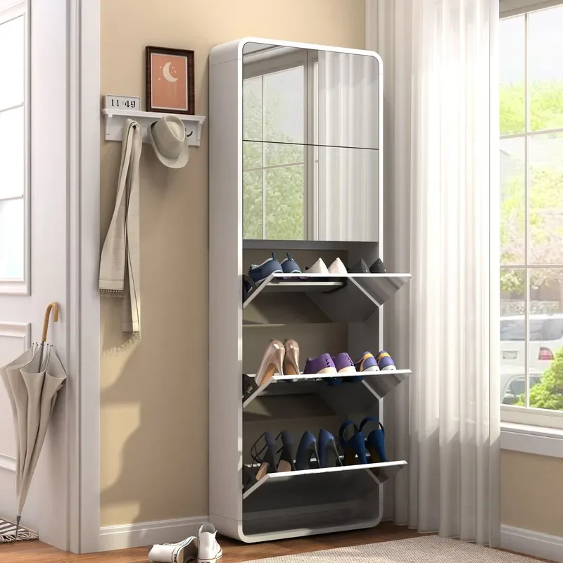 For Ultra Thin Elbow Shoe Cabinet with Full Body Mirror Tipping Bucket Storage Rack for Entrance Foyer Hallway Space Saving
