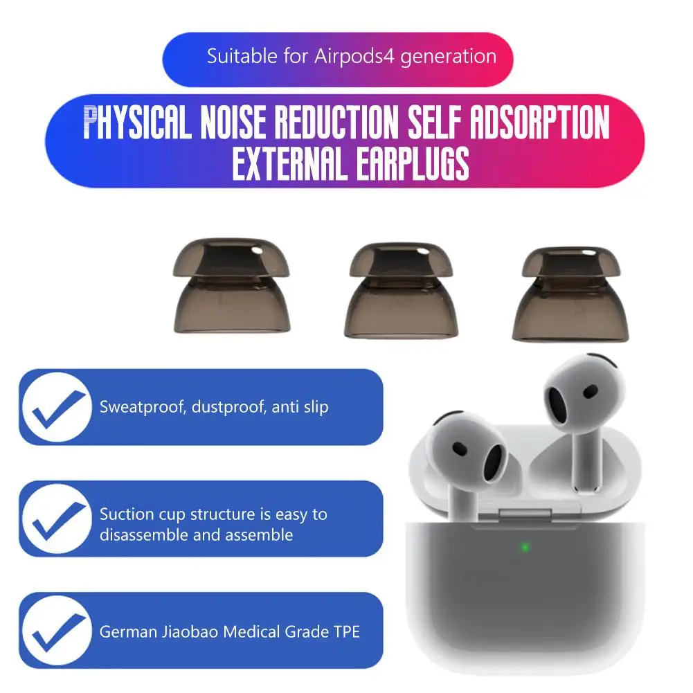 For Apple AirPods 4 Earbuds Ear Caps Suction Cups Self Suction Anti Slip Physical Noise Cancelling Headphone Covers