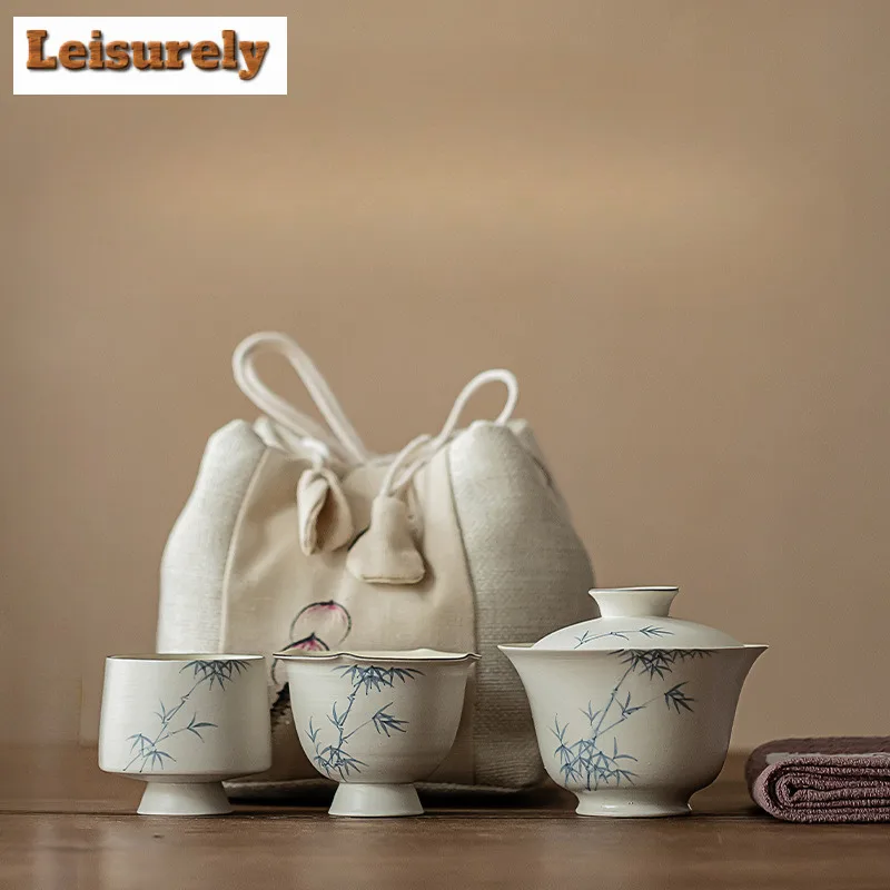 

Японский порошок Инь, бамбуковый чайный сервиз с ручной росписью, 1 горшок, 2 чашки, приготовление чая, портативная дорожная сумка-тоут, аксессуары