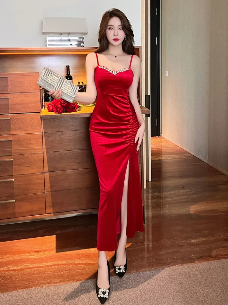 Women's Red Sexy Halter Backless Dress Beaded Velvet Bottom Dress Side Slit Long Dresses