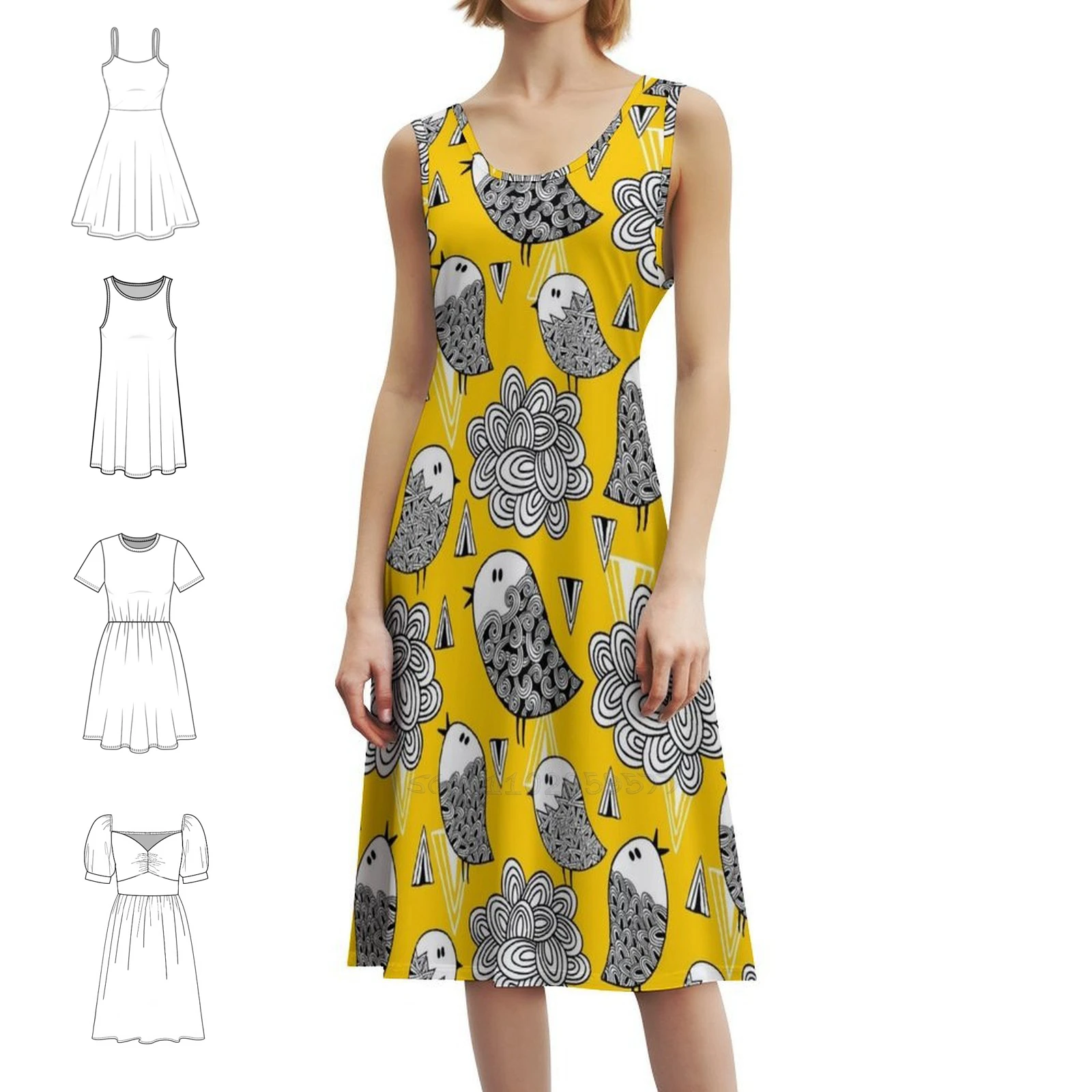 

Birds And Clouds Sexy Vacation Dress For Women Beach Party Birthday Mini Dress Sky Yellow Texture Abstract Nature Women's