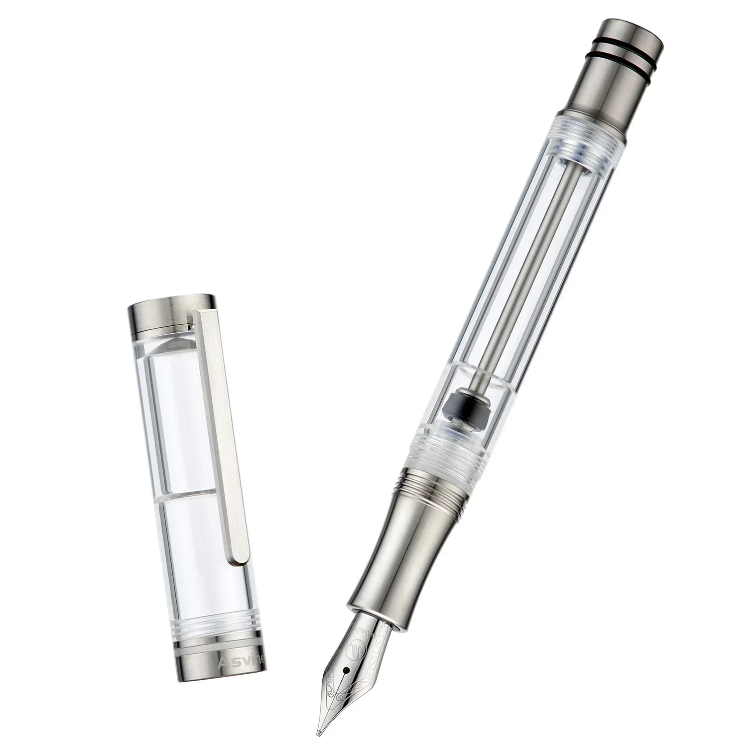 Asvine V200 Titanium Fountain Pen Vacuum Piston Filling, Asvine/BOCK EF/F//B Nib Clear Transparent Acrylic Smooth Writing Pen