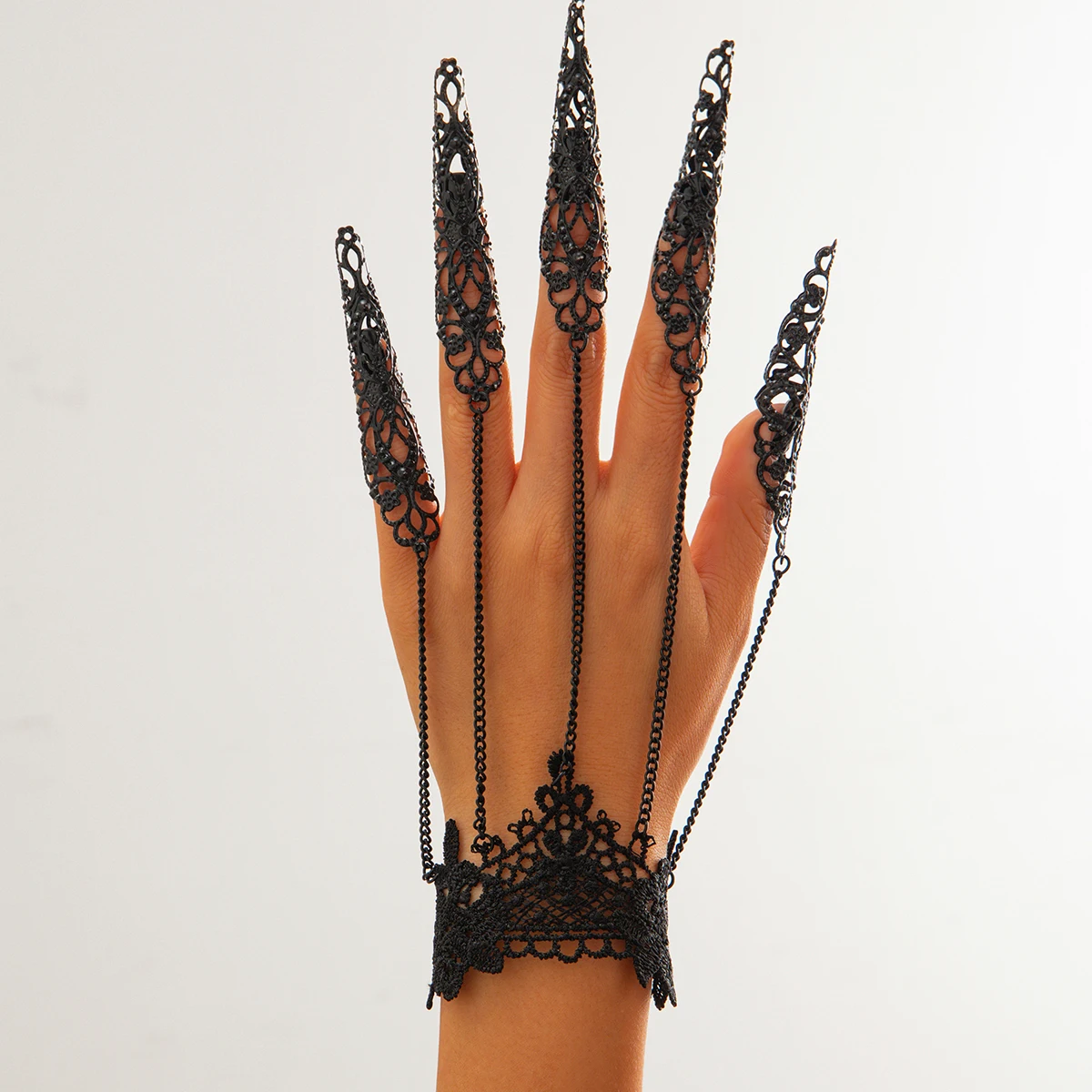 SHIXIN Gothic Black Lace Open Nail Rings for Women Vintage Adjustable Connecting Hand Bracelet Halloween Jewelry Y2K Accessories