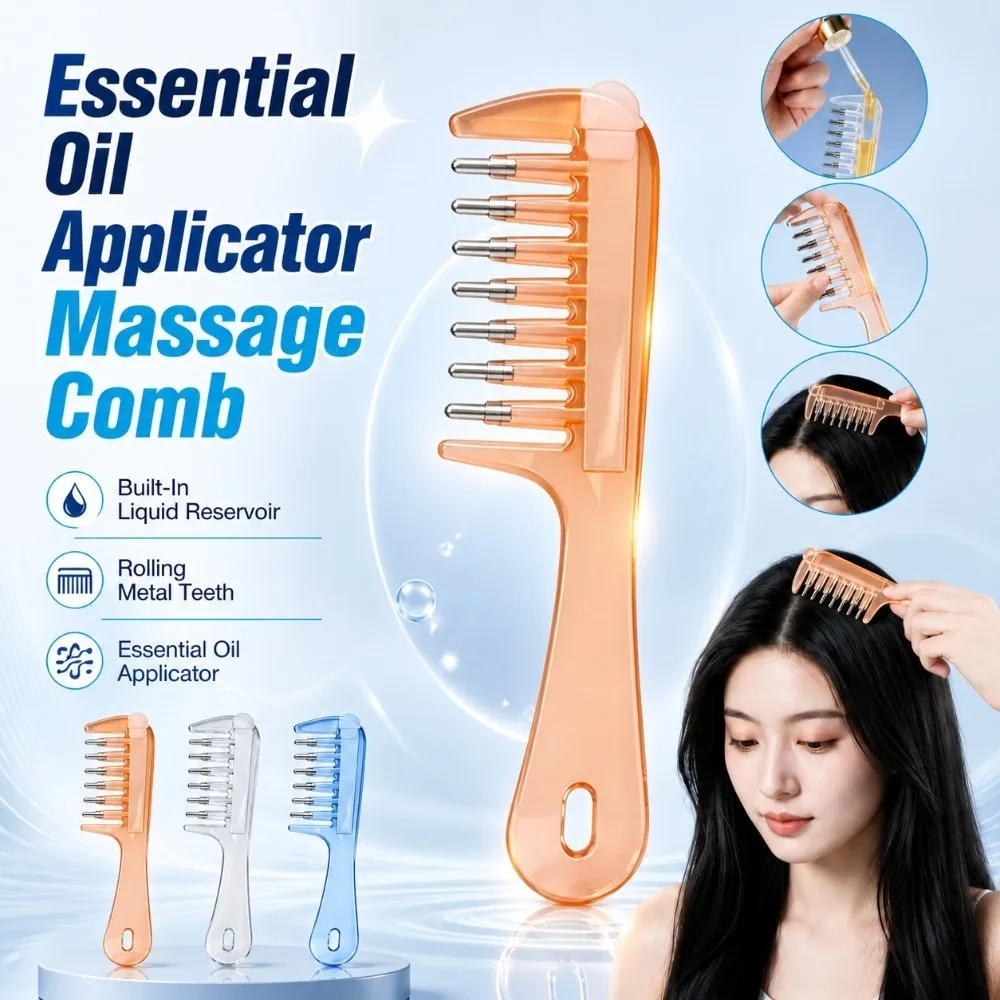 7-Tooth Essential Oil Applicator Massage Comb Rolling Metal Teeth Transparent Scalp Liquid Applicator Comb Precise