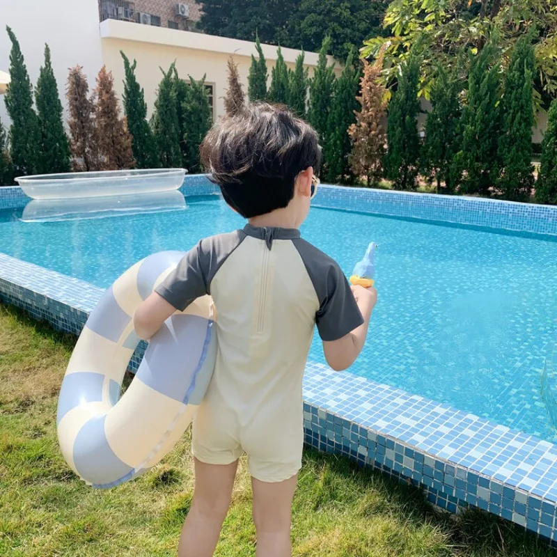 Bañador de una pieza para bebé, traje de baño de manga corta de secado rápido, bonito elefante de dibujos animados, surf