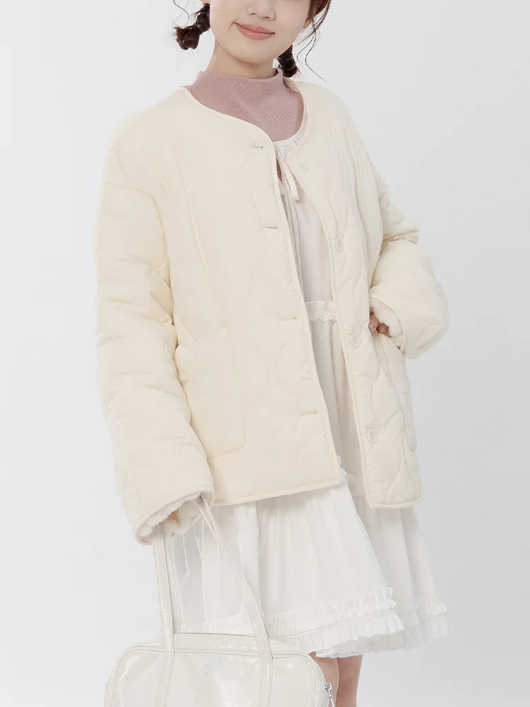 

Queenop Autumn Winter New Arrival Women's Double-Sided Quilted Cotton Wide-Size Jaet Thiened Polyester Fiber Long Sve