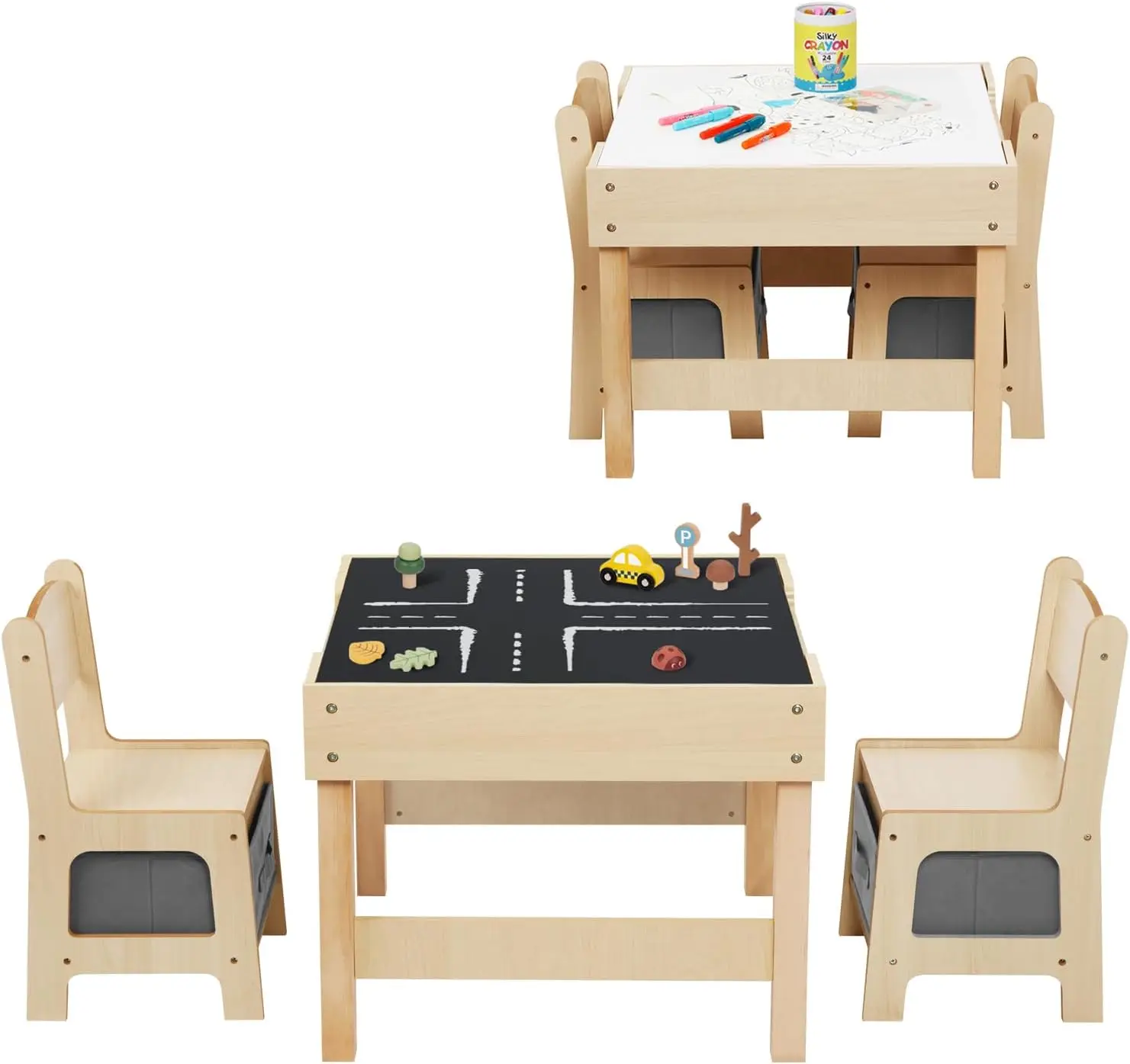 

3 in1 Toddler Table and Chair Set, Kids Table and Chairs Ages 3-7 with Versatile Tabletop and Storage Drawer