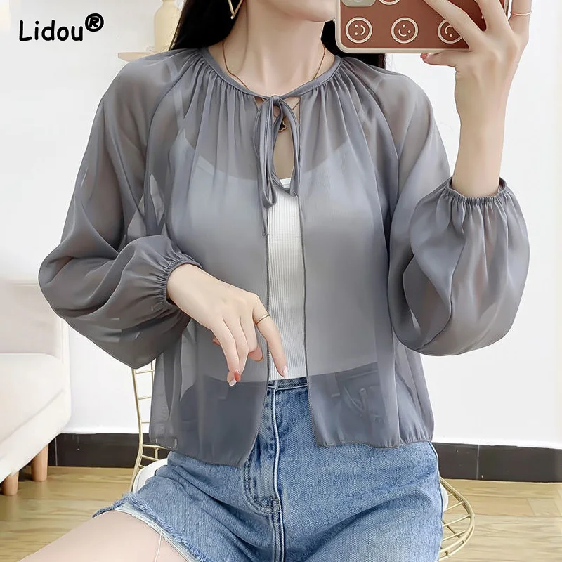 

Lace-up Thin Multicolor Long Sleeves Blouse O-Neck Solid Korean Spring Summer Shawl Chiffon Sun Protection Women's Clothing Wild