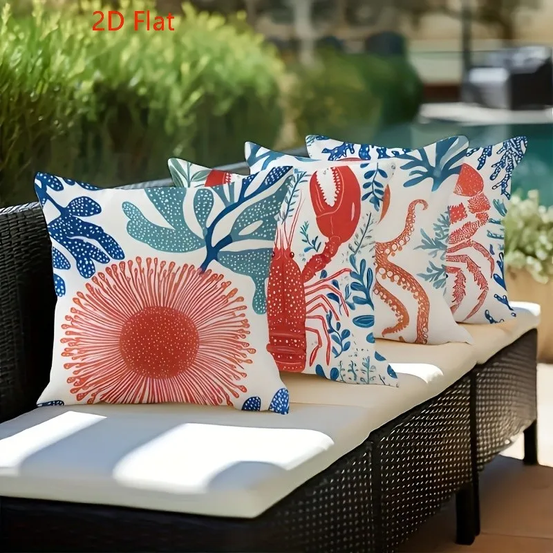 Nautical Coastal Lobster Crab Octopus Coral Throw Pillow Cover 2D Double-Side Print Polyester Cushion Case Home Decoration