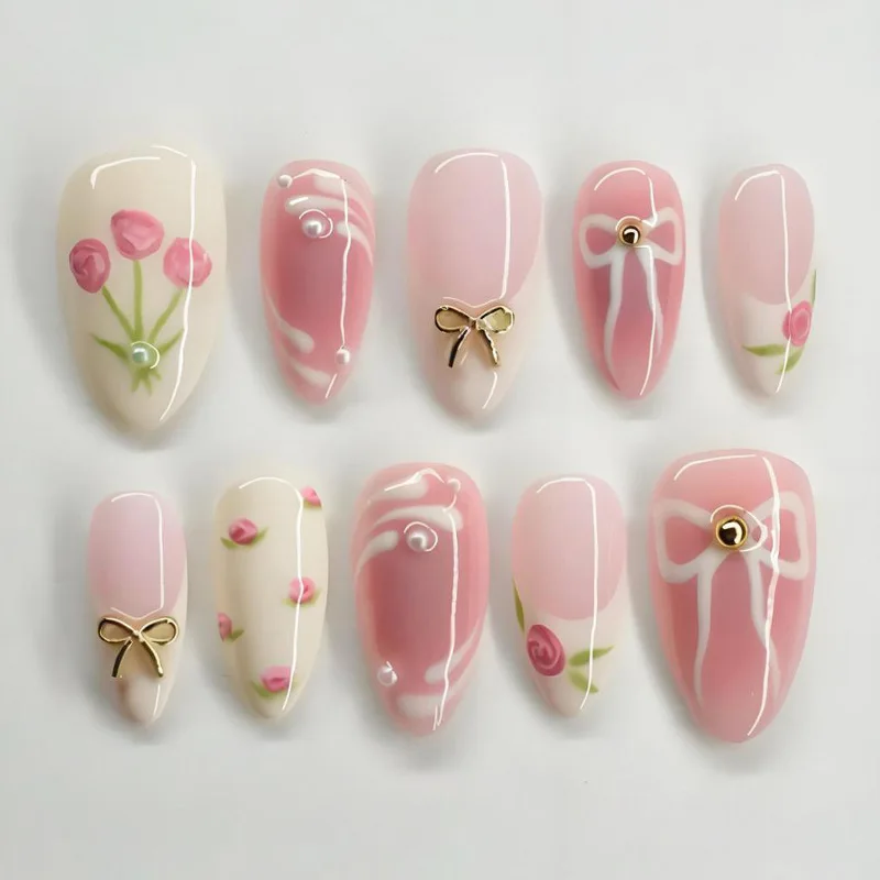 

24Pcs Flower Pink Smudge Press on Fake Nails Mid-length Almond Detachable False Nails 3D Bow Pearl French Full Cover Nails Tips
