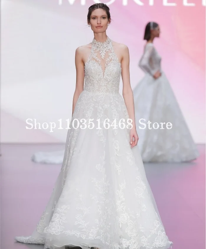 Elegant High Neck Formal Wedding Dresses White Sexy Sleeveless Appliqued A-Line Customised Bridal Vestidos Novias Boda