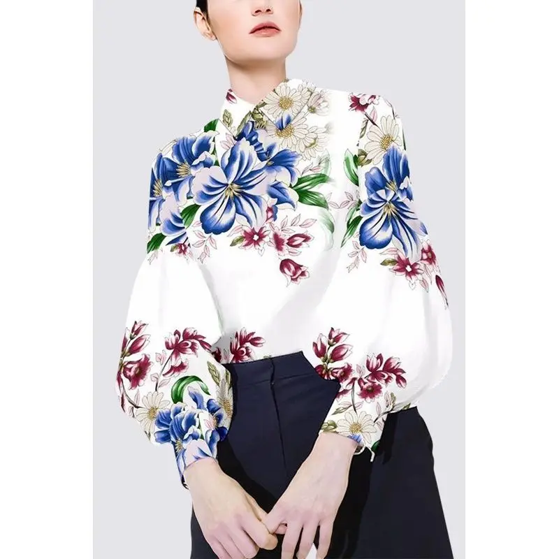 Fashion Printed All-match Floral Lantern Sleeve Blouse Women\'s Clothing 2023 Autumn Winter New Casual Tops Office Lady Shirt