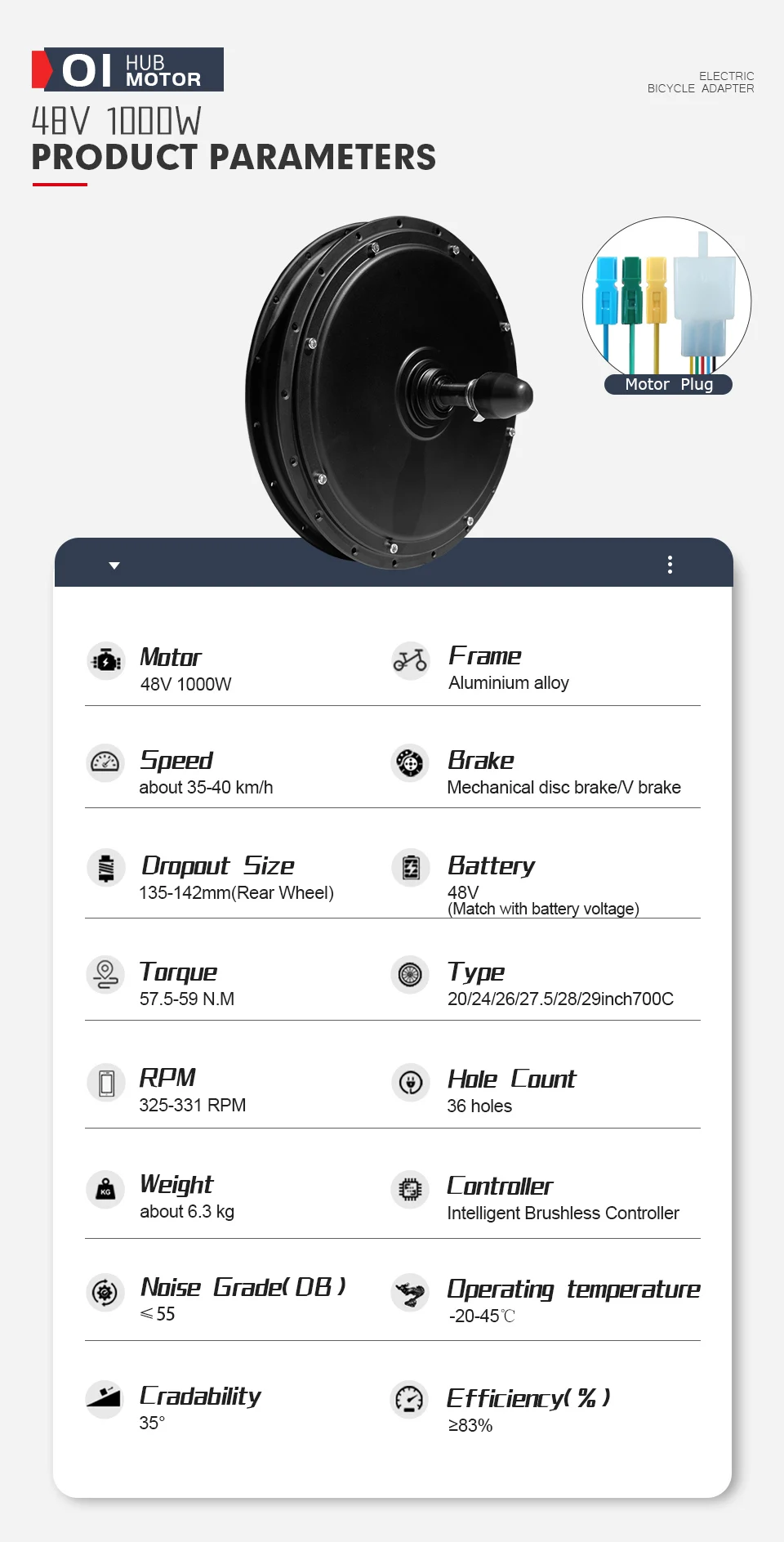 Description Picture 6 of itemElectric Bicycle Conversion Kit 48V 1000W Rear Rotate Hub Motor Wheel 20 24 26 27.5 28 29Inch 700C For Ebike Conversion Kit