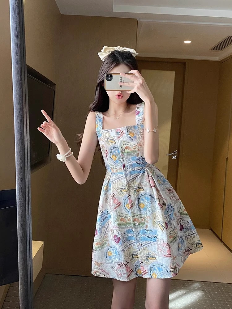 

Женская трапециевидная юбка на бретельках, привлекательная трапециевидная юбка во французском ретро-стиле с принтом в Корейском стиле, лето 2024