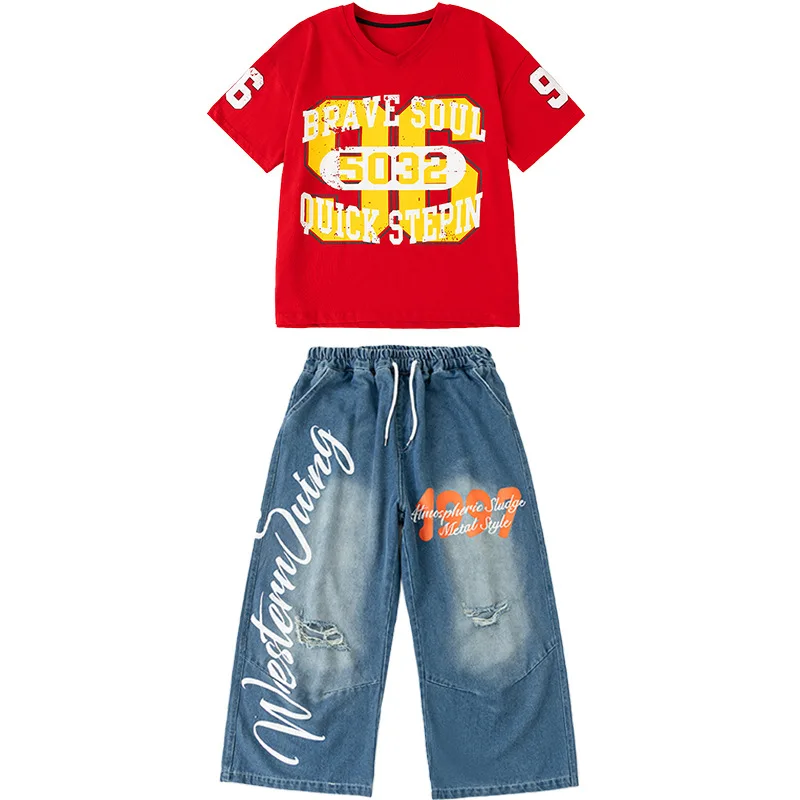 Roupas de dança de rua para meninos, verão, hip hop, camiseta vermelha, tops, calças jeans, roupas soltas de dança de rua, show de grupo, roupa de palco